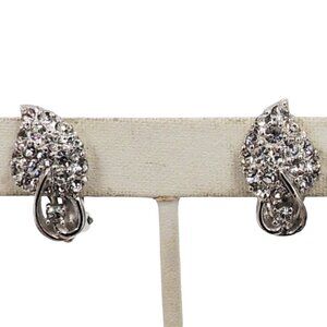 Vintage Signed Pennino Rhodium Rhinestone Leaf Runway Statement Clip Earrings